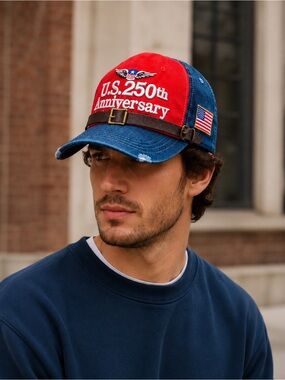 Komurato US 250th Anniversary Distressed Denim Patriotic Baseball Cap
